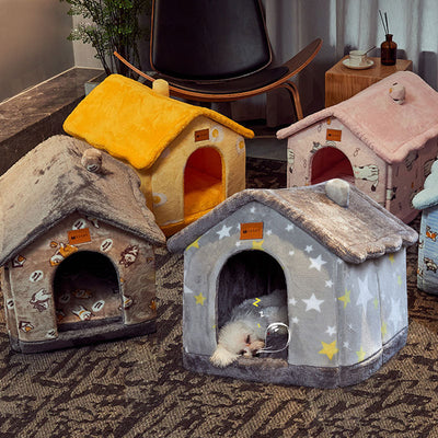 Casa para mascotas plegable, cálida cama cueva cerrada y sofá para perros y gatos, perrera de invierno extraíble para un sueño acogedor.